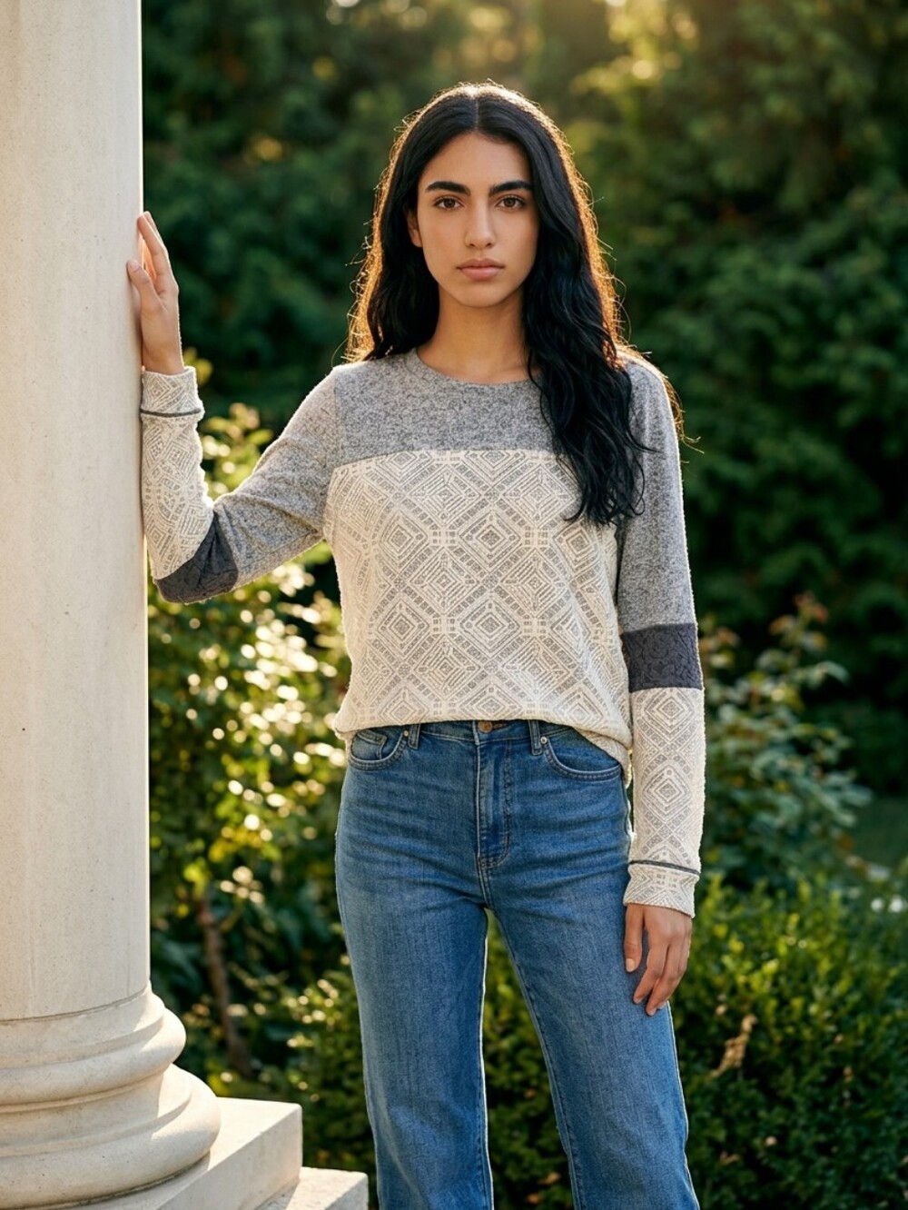 Knox Rose Sweater Top Shirt Womens Gray Diamond Pattern Color Block Sz L